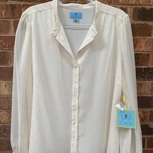 CeCe brand women’s size XL cream/off-white w/copper dots long-sleeve blouse.
